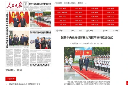 Nhân dân nhật báo dành toàn bộ trang nhất số ra ngày 15/4 để đưa tin về hoạt động của chuyến thăm. (Ảnh cắt từ màn hình http://paper.people.com.cn/)