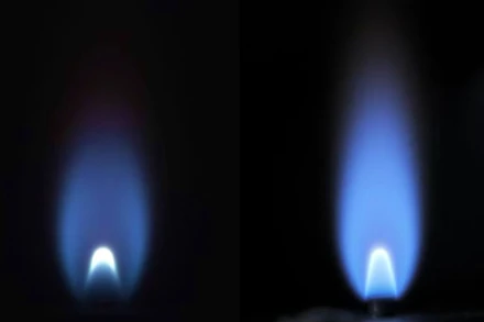 Hình ảnh so sánh ngọn lửa trên trạm vũ trụ và trên mặt đất. (Ảnh: Tân Hoa Xã)