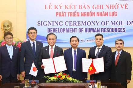 Ký Bản ghi nhớ về phát triển nguồn nhân lực giữa Bộ Lao động-Thương binh và Xã hội và chính quyền tỉnh Kanagawa. (Ảnh: Molisa)