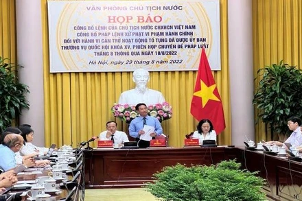 Họp báo công bố Pháp lệnh xử phạt vi phạm hành chính đối với hành vi cản trở hoạt động tố tụng ngày 29/8/2022. (Ảnh: nhandan.vn)