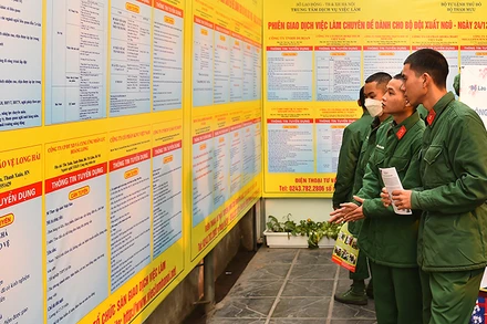 Các quân nhân sắp hoàn thành nghĩa vụ quân sự tìm hiểu thông tin tại phiên giao dịch việc làm. (Ảnh: THỦY NGUYÊN).