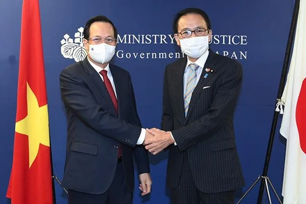 Bộ trưởng Lao động-Thương binh và Xã hội Đào Ngọc Dung gặp Bộ trưởng Tư pháp Nhật Bản Yasuhito Hanashi. (Ảnh: Molisa)