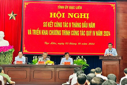 Quang cảnh Hội nghị triển khai nhiệm vụ trọng tâm quý 4/2024 của Tỉnh ủy Bạc Liêu. Ảnh: TRỌNG DUY