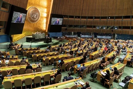 Toàn cảnh phiên họp của Đại hội đồng Liên hợp quốc bầu chọn các quốc gia thành viên mới của Hội đồng Nhân quyền nhiệm kỳ 2024-2026, tại New York, Mỹ ngày 10/10/2023. (Ảnh: THX/TTXVN)