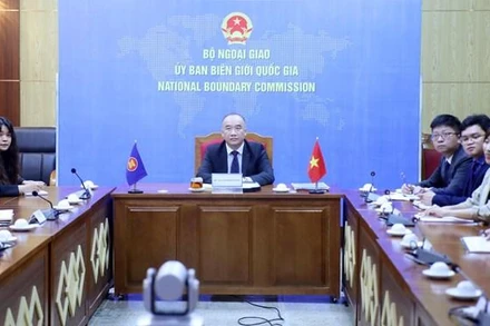 Phó Chủ nhiệm Ủy ban Biên giới Quốc gia (Bộ Ngoại giao) Nguyễn Mạnh Đông tham dự hội thảo trực tuyến. (Ảnh: Lâm Khánh/TTXVN)