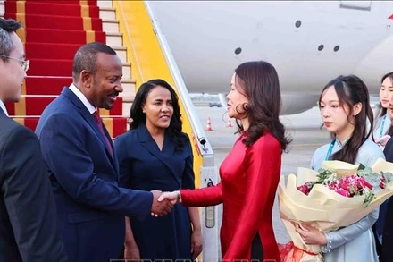 Thứ trưởng Ngoại giao Nguyễn Minh Hằng đón Thủ tướng Ethiopia Abiy Ahmed Ali và Phu nhân tại Sân bay quốc tế Nội Bài. (Ảnh: Minh Đức/TTXVN)