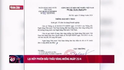Lại hủy phiên đấu thầu vàng miếng ngày 25-4