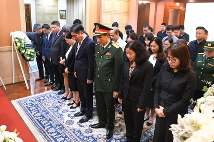 Đại sứ Phạm Việt Hùng cùng cán bộ Đại sứ quán và các cơ quan Việt Nam bên cạnh Đại sứ quán dành một phút mặc niệm Tổng Bí thư Nguyễn Phú Trọng. (Ảnh: ĐINH TRƯỜNG)