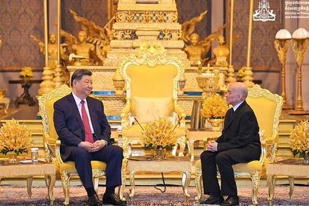 Tổng Bí thư, Chủ tịch Trung Quốc Tập Cận Bình hội kiến Quốc Vương Campuchia Norodom Sihamoni. (Ảnh: Bộ Ngoại giao và Hợp tác quốc tế Campuchia)