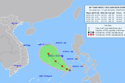 Vị trí và hướng di chuyển của áp thấp nhiệt đới trên Biển Đông. (Nguồn: nchmf.gov.vn)