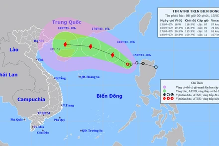 Vị trí và hướng di chuyển của áp thấp nhiệt đới. (Nguồn: nchmf.gov.vn)