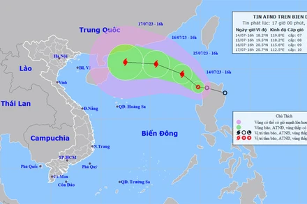 Vị trí và hướng di chuyển của áp thấp nhiệt đới. (Nguồn: nchmf.gov.vn)