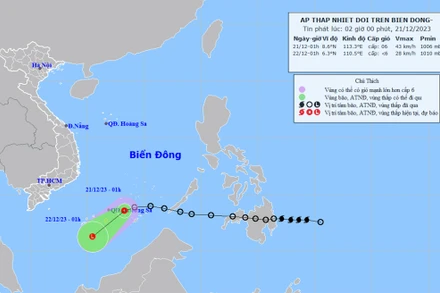 Vị trí và hướng di chuyển của áp thấp nhiệt đới. (Nguồn: nchmf.gov.vn)