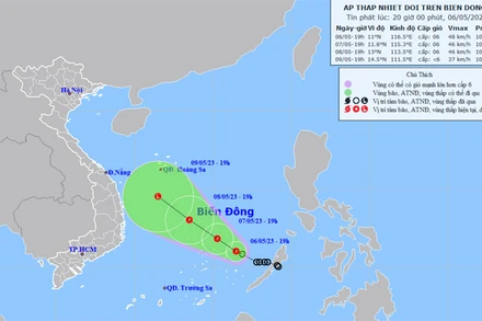Vị trí và hướng di chuyển của áp thấp nhiệt đới. (Nguồn: nchmf.gov.vn)