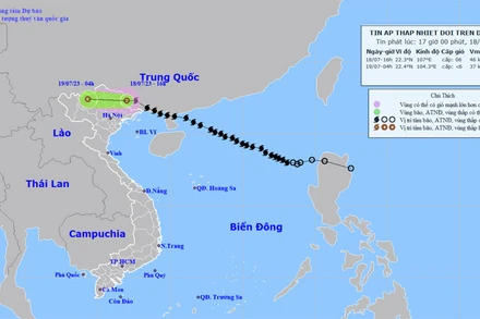 Vị trí và hướng di chuyển của áp thấp nhiệt đới (suy yếu từ bão số 1). (Nguồn: nchmf.gov.vn)