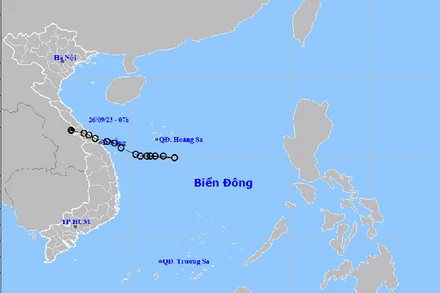 Áp thấp nhiệt đới suy yếu thành vùng áp thấp trên khu vực Nam Lào. (Nguồn: nchmf.gov.vn)
