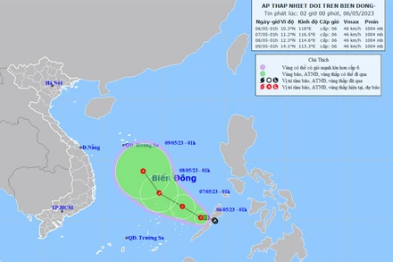 Vị trí và hướng di chuyển của áp thấp nhiệt đới. (Nguồn: nchmf.gov.vn)