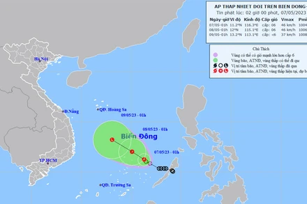 Vị trí và hướng di chuyển của áp thấp nhiệt đới. (Nguồn: nchmf.gov.vn)