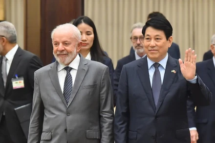 Chủ tịch nước Lương Cường và Tổng thống Luiz Inácio Lula da Silva tại buổi chiêu đãi.