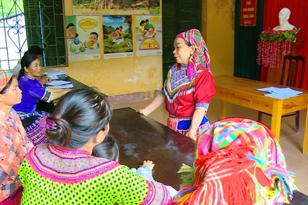 Đồng chí Giàng Thị Chía (người đứng), Bí thư Chi bộ thôn Ngòi Khù (xã Đạo Viện, huyện Yên Sơn, tỉnh Tuyên Quang) trong buổi tuyên truyền, vận động người dân phát triển kinh tế.