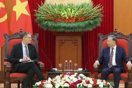 Tổng Bí thư Tô Lâm tiếp Đại sứ Pháp tại Việt Nam Olivier Brochet. (Ảnh: Thống Nhất/TTXVN)