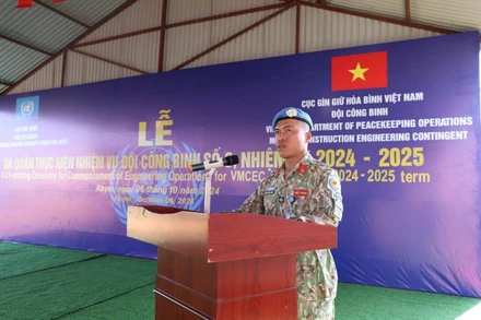 Trung tá Phạm Văn Hảo, Đội trưởng Đội Công binh số 3 phát biểu tại Lễ ra quân. (Nguồn: Đội Công binh số 3)