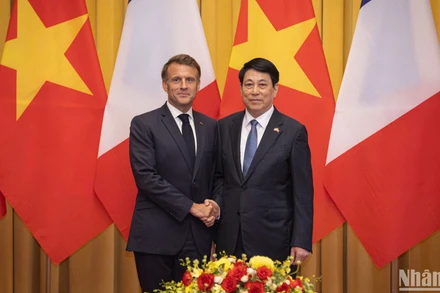 Chủ tịch nước Lương Cường và Tổng thống Pháp Emmanuel Macron tại hội đàm.