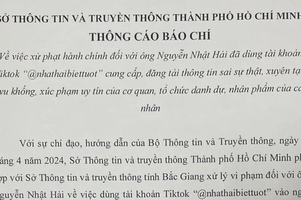 Thông cáo báo chí của Sở Thông tin và Truyền thông Thành phố Hồ Chí Minh về việc xử lý Tiktoker Nguyễn Nhật Hải.