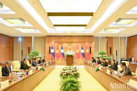 Chủ tịch Quốc hội Trần Thanh Mẫn và Thủ tướng Lào Sonexay Siphandone cùng các đại biểu tại hội kiến. (Ảnh: DUY LINH)