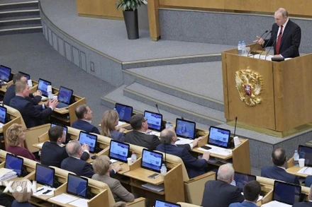 Tổng thống Nga Vladimir Putin phát biểu tại phiên họp Duma quốc gia Nga ở Moskva. (Ảnh minh họa. THX/TTXVN)