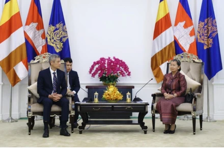 Đại sứ Nguyễn Minh Vũ chào Samdech Men Sam An, Phó Chủ tịch Đảng Nhân dân Campuchia. (Ảnh: HUY VŨ)