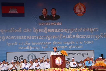 Chủ tịch CPP, Thủ tướng Samdech Techo Hun Sen phát biểu tại sự kiện. (Ảnh: NGUYỄN HIỆP)