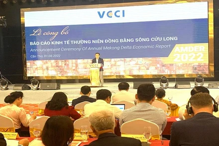 Lãnh đạo VCCI Cần Thơ phát biểu tại lễ công bố báo cáo kinh tế thường niên vùng Đồng bằng sông Cửu Long.