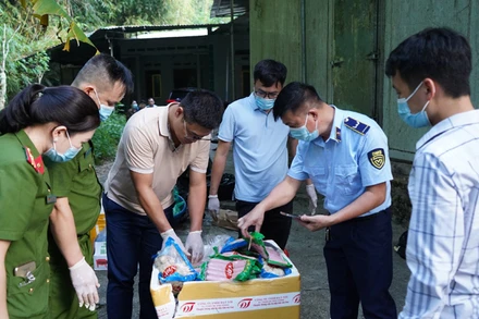 Lực lượng chức năng kiểm tra thực phẩm đông lạnh hết hạn sử dụng vừa phát hiện. (Ảnh: NGỌC ÁNH).