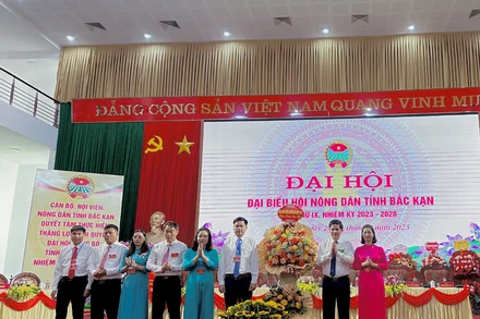 Lãnh đạo Trung ương Hội Nông dân Việt Nam tặng lẵng hoa chúc mừng đại hội. (Ảnh: TUẤN SƠN)