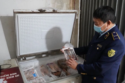 Một trong số những thực phẩm đông lạnh không rõ nguồn gốc bị tạm giữ. (Ảnh: NGỌC ÁNH)