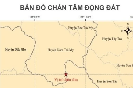 Bản đồ tâm chấn động đất tại huyện Kon Plông, tỉnh Kon Tum. (Nguồn: Trung tâm Báo tin động đất và Cảnh báo sóng thần, Viện Các khoa học trái đất)