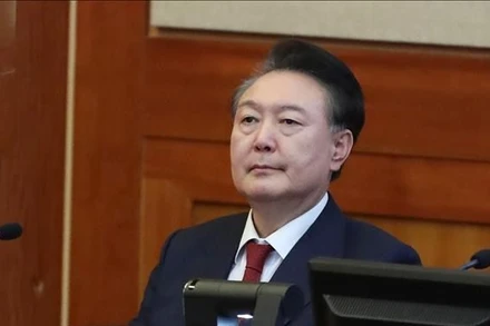 Tổng thống Hàn Quốc Yoon Suk Yeol tại Tòa án Hiến pháp ở Seoul ngày 20/2/2025. Ảnh: THX/TTXVN