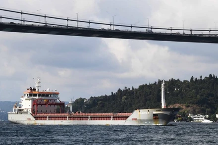 Tàu chở ngũ cốc từ Ukraine đi qua eo biển Bosphorus ở Istanbul, Thổ Nhĩ Kỳ, ngày 7/8/2022. (Ảnh: Xinhua)