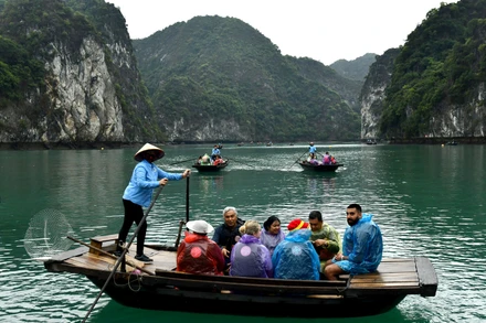 Du khách nước ngoài tham quan, khám phá vẻ đẹp của vịnh Lan Hạ (Hải Phòng). (Ảnh NGUYỄN ĐĂNG)