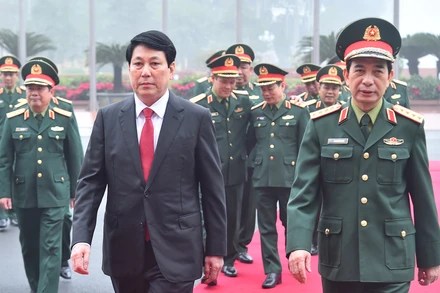 Chủ tịch nước Lương Cường tới dự buổi làm việc với Bộ Quốc phòng.