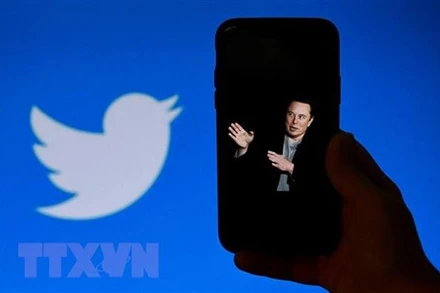 Chân dung tỷ phú Elon Musk trên màn hình điện thoại và biểu tượng Twitter (phía sau). (Ảnh: AFP/TTXVN)