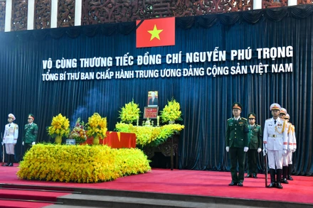 Linh cữu Tổng Bí thư Nguyễn Phú Trọng được quàn tại Nhà tang lễ Quốc gia số 5 Trần Thánh Tông, Thành phố Hà Nội.