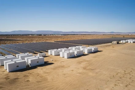 Quang cảnh cơ sở lưu trữ và năng lượng mặt trời SEPV Sierra thuộc sở hữu của công ty Giải pháp lưu trữ B2U, ở Lancaster, California, Mỹ. Ảnh: Reuters.