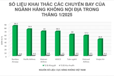 Số liệu khai thác các chuyến bay của ngành hàng không nội địa trong tháng 1/2025. 