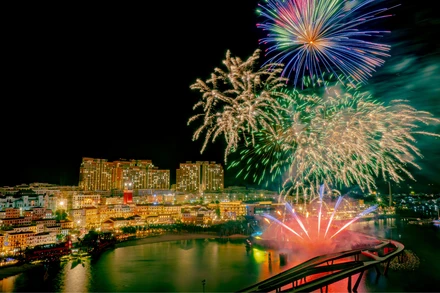 Màn pháo hoa rực rỡ được trình diễn hằng đêm tại Thị trấn Hoàng Hôn, Phú Quốc. 