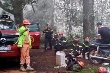 Lực lượng chức năng tìm kiếm 2 du khách đi lạc trên núi Langbiang ngày 29/9. (MAI VĂN BẢO)