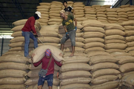 Công nhân bốc vác gạo tại một nhà kho ở Bangkok, Thái Lan. (Ảnh: Bưu điện Bangkok)