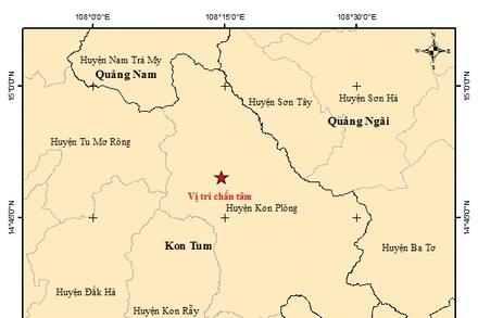 Bản đồ tâm chấn trận động đất có độ lớn 5.0 tại huyện Kon Plong, tỉnh Kon Tum.