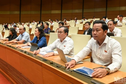 Các đại biểu Quốc hội biểu quyết thông qua Nghị quyết về bổ sung ngân sách chi thường xuyên (nguồn viện trợ không hoàn lại nước ngoài) năm 2025. (Ảnh: BÙI GIANG)